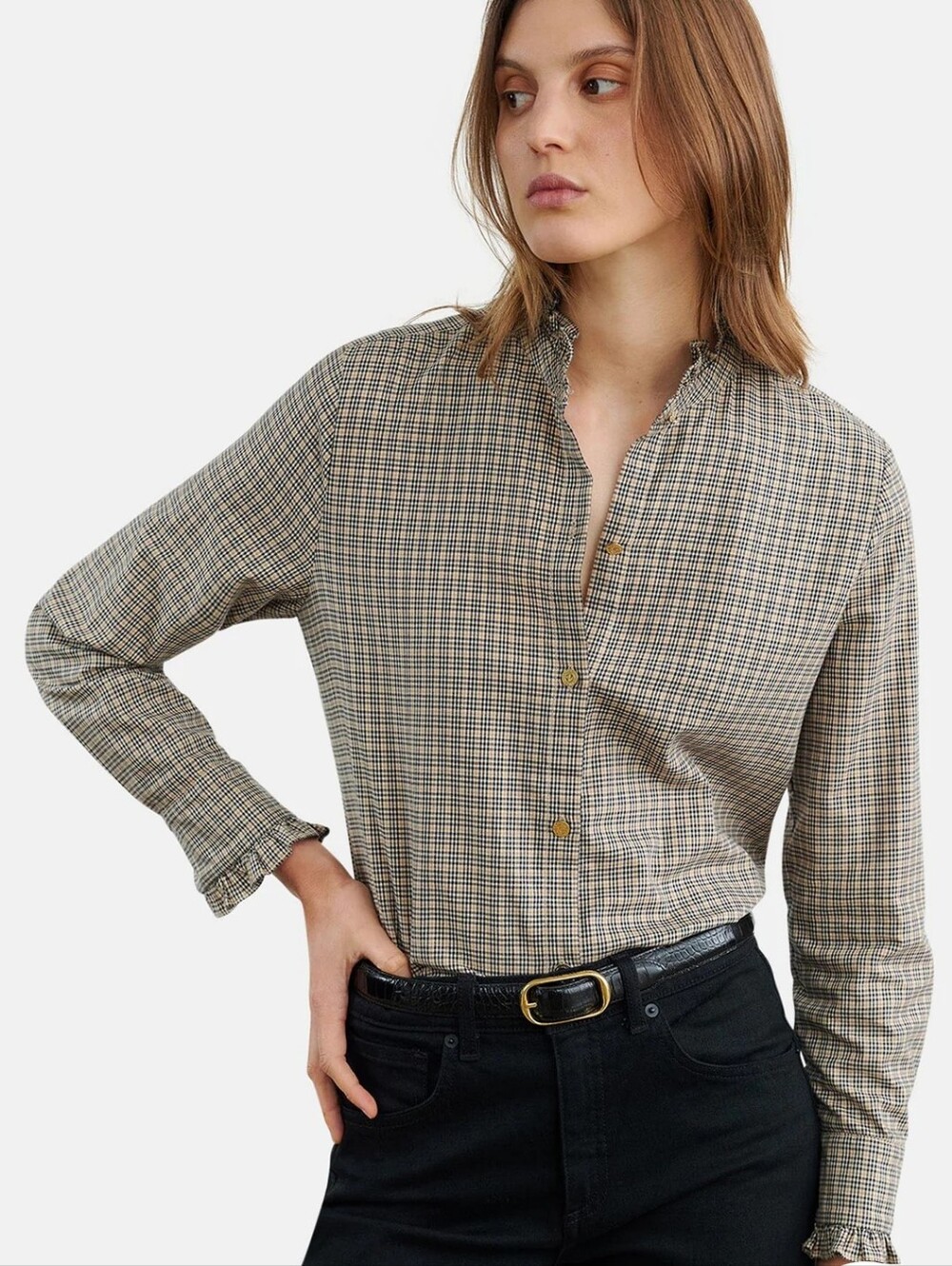 Nili Lotan Lydia Honey Check Plaid Shirt Top XSmall